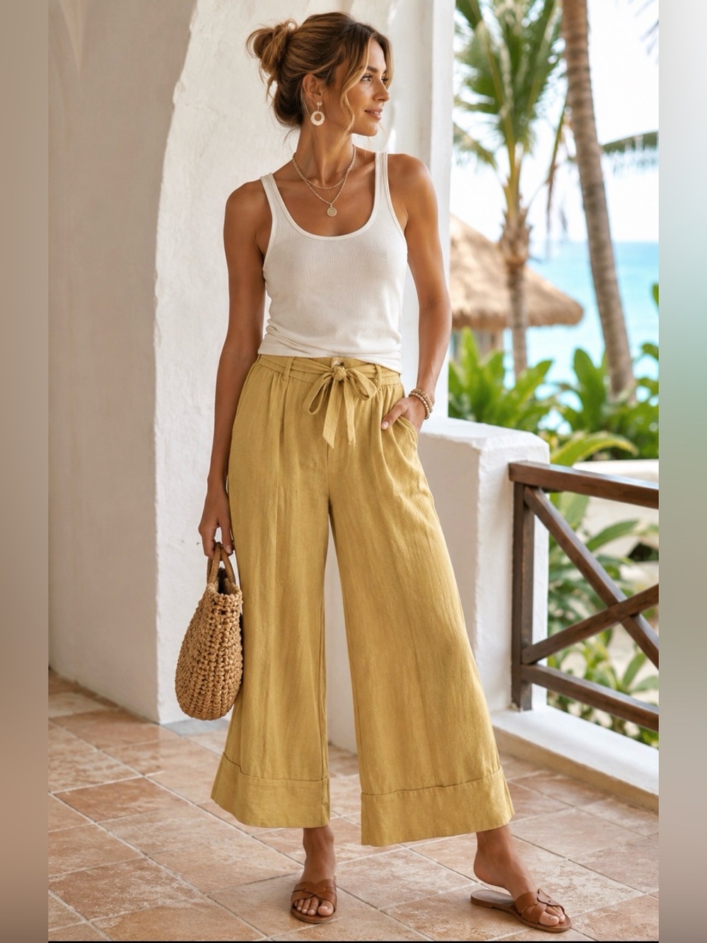 Joie Mustard Yellow Linen Blend Wide Leg Cropped Pants Tie Waist Resort Boho XL